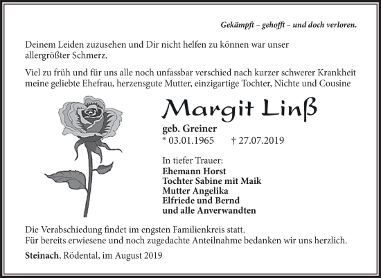Traueranzeige von Margit Linß von Südthüringer Presse