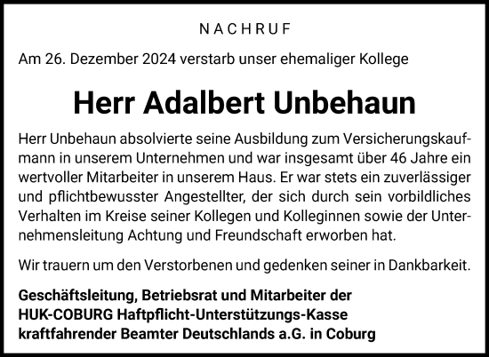 Traueranzeige von Adalbert Unbehaun von Neue Presse Coburg