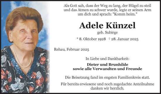 Traueranzeige von Adele Künzel von Frankenpost