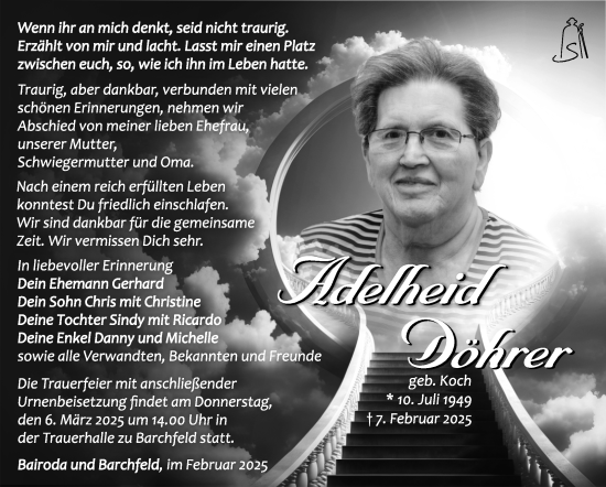 Traueranzeige von Adelheid Döhrer von Südthüringer Presse