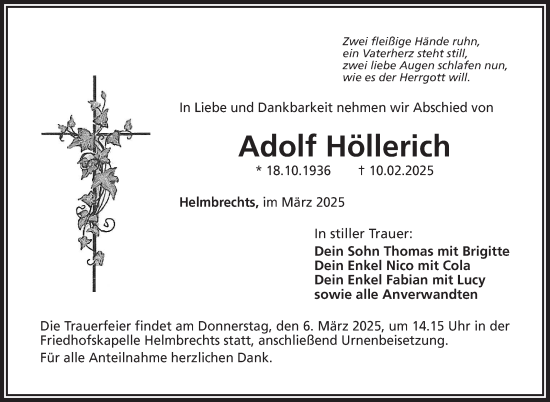 Traueranzeige von Adolf Höllerich von Frankenpost