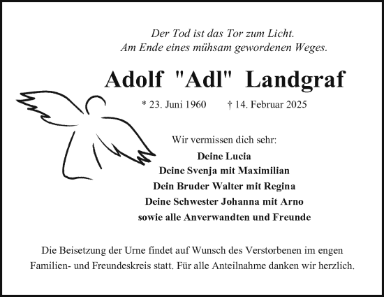 Traueranzeige von Adolf Landgraf von Frankenpost