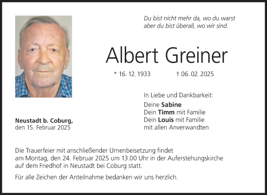Traueranzeige von Albert Greiner von Neue Presse Coburg