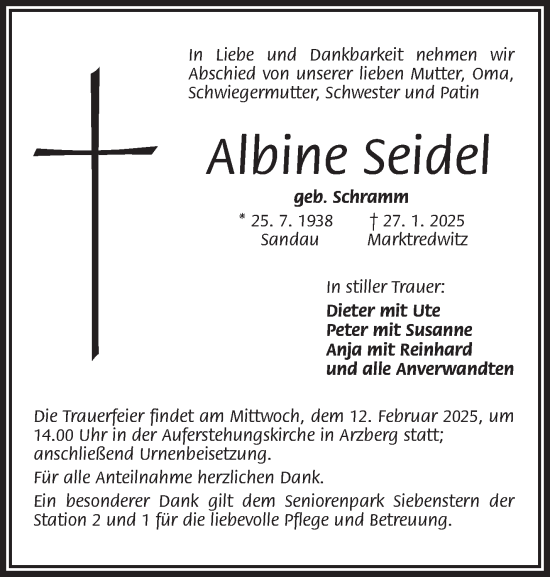 Traueranzeige von Albine Seidel von Frankenpost
