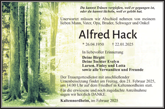 Traueranzeige von Alfred Hack von Südthüringer Presse