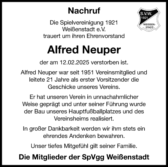 Traueranzeige von Alfred Neuper von Frankenpost