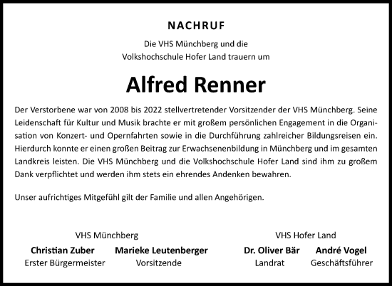 Traueranzeige von Alfred Renner von Frankenpost