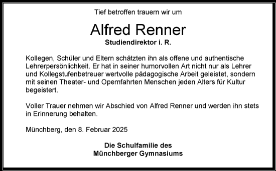 Traueranzeige von Alfred Renner von Frankenpost
