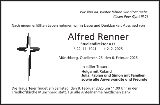 Traueranzeige von Alfred Renner von Frankenpost