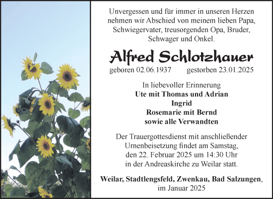 Traueranzeige von Alfred Schlotzhauer von Südthüringer Presse