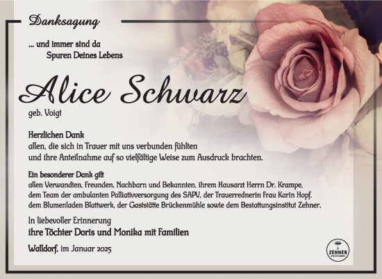 Traueranzeige von Alice Schwarz von Südthüringer Presse