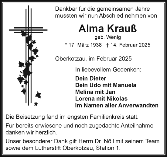 Traueranzeige von Alma Krauß von Frankenpost