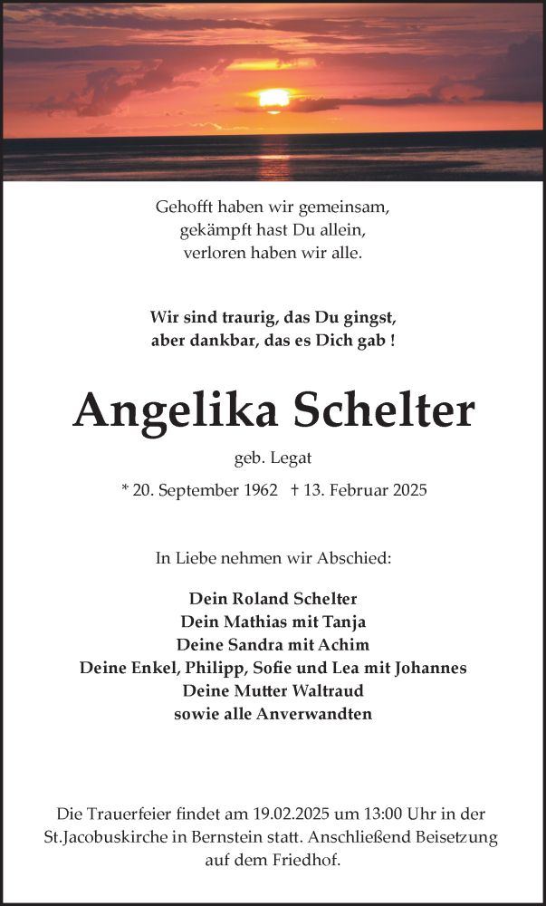  Traueranzeige für Angelika Schelter vom 15.02.2025 aus Frankenpost