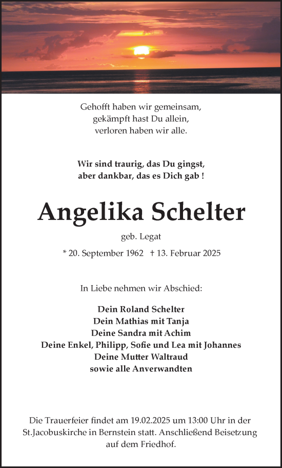 Traueranzeige von Angelika Schelter von Frankenpost