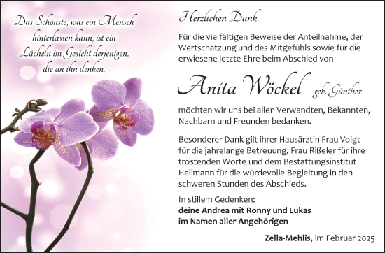 Traueranzeige von Anita Wöckel von Südthüringer Presse