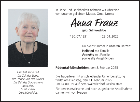 Traueranzeige von Anna Franz von Neue Presse Coburg