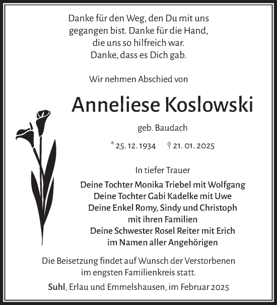 Traueranzeige von Anneliese Koslowski von Südthüringer Presse