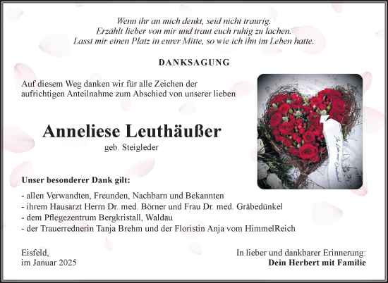 Traueranzeige von Anneliese Leuthäußer von Südthüringer Presse