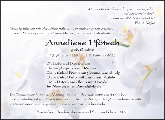Traueranzeige von Anneliese Pfötsch von Südthüringer Presse
