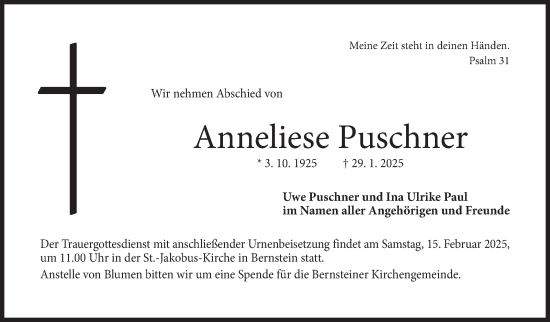 Traueranzeige von Anneliese Puschner von Frankenpost