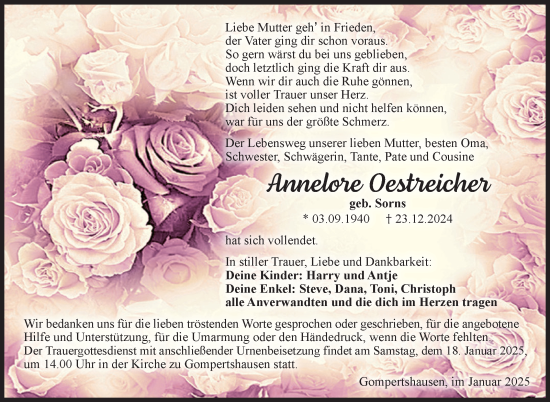 Traueranzeige von Annelore Oestreicher von Südthüringer Presse