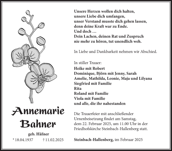 Traueranzeige von Annemarie Bahner von Südthüringer Presse
