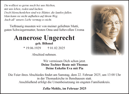 Traueranzeige von Annerose Ungerecht von Südthüringer Presse