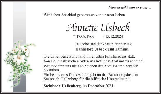 Traueranzeige von Annette Usbeck von Südthüringer Presse