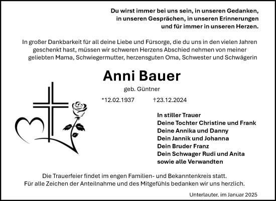 Traueranzeige von Anni Bauer von Neue Presse Coburg