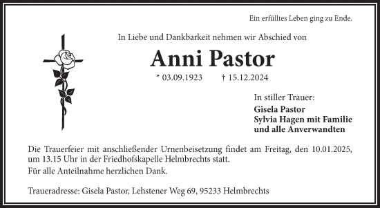 Traueranzeige von Anni Pastor von Frankenpost