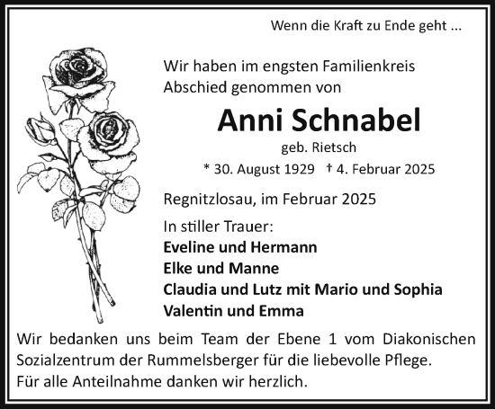 Traueranzeige von Anni Schnabel von Frankenpost