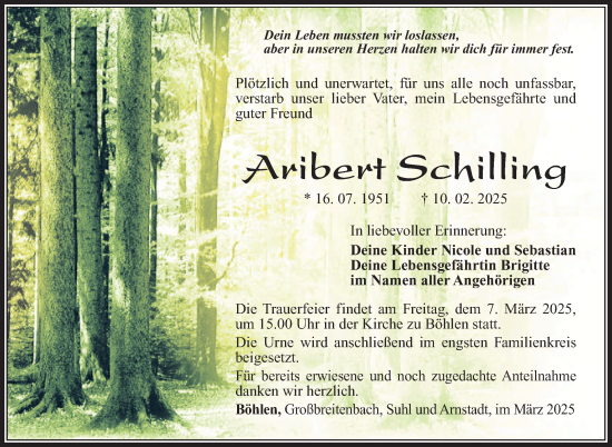 Traueranzeige von Aribert Schilling von Südthüringer Presse