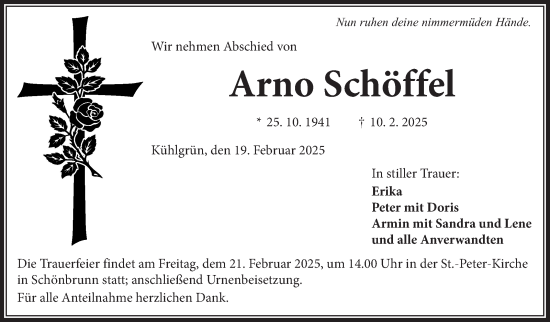 Traueranzeige von Arno Schöffel von Frankenpost
