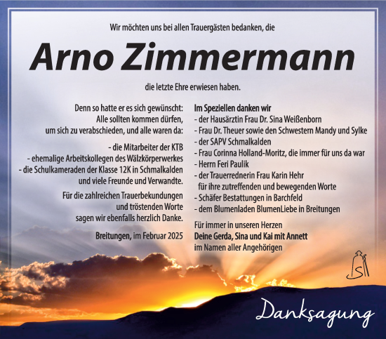 Traueranzeige von Arno Zimmermann von Südthüringer Presse