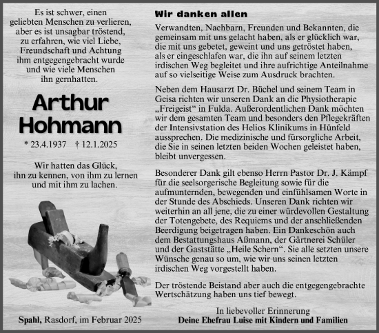 Traueranzeige von Arthur Hohmann von Südthüringer Presse