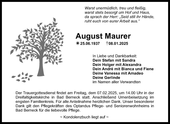 Traueranzeige von August Maurer von Südthüringer Presse