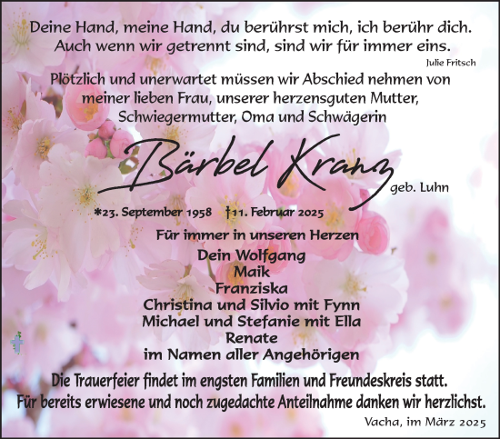 Traueranzeige von Bärbel Kranz von Südthüringer Presse