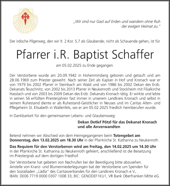 Traueranzeige von Baptist Schaffer von Neue Presse Coburg