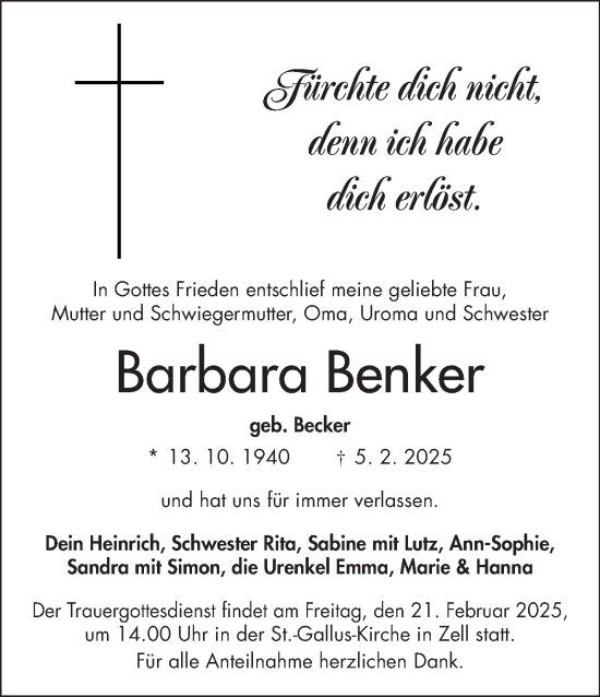 Traueranzeige von Barbara Benker von Frankenpost