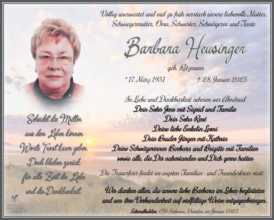 Traueranzeige von Barbara Heusinger von Südthüringer Presse