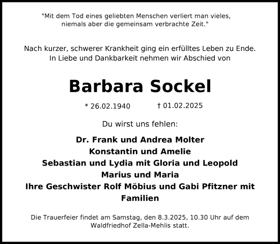 Traueranzeige von Barbara Sockel von Südthüringer Presse