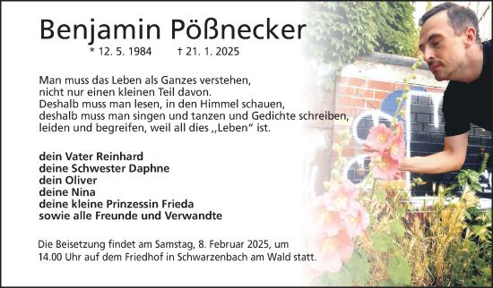 Traueranzeige von Benjamin Pößnecker von Frankenpost