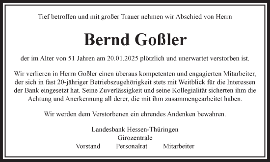 Traueranzeige von Bernd Goßler von Frankenpost