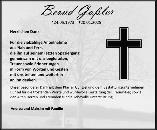 Traueranzeige von Bernd Goßler von Frankenpost