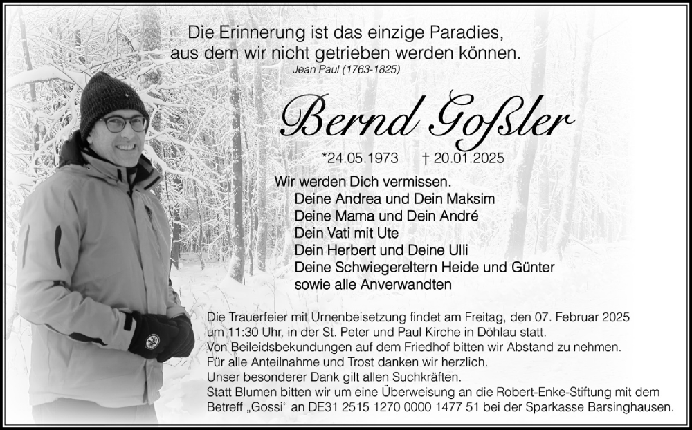  Traueranzeige für Bernd Goßler vom 01.02.2025 aus Frankenpost