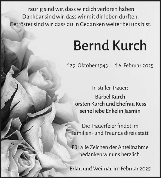 Traueranzeige von Bernd Kurch von Südthüringer Presse