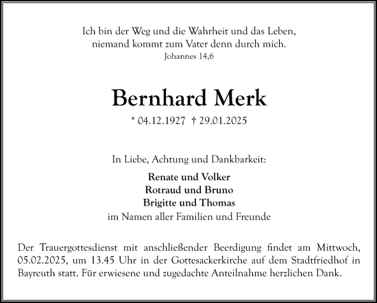 Traueranzeige von Bernhard Merk von Südthüringer Presse