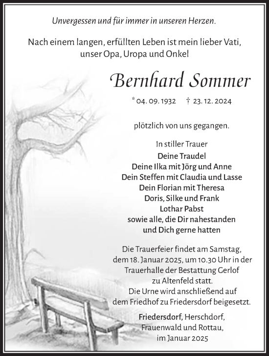 Traueranzeige von Bernhard Sommer von Südthüringer Presse