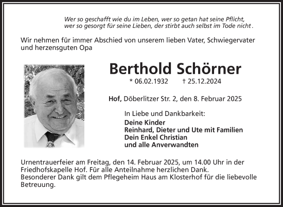 Traueranzeige von Berthold Schörner von Frankenpost