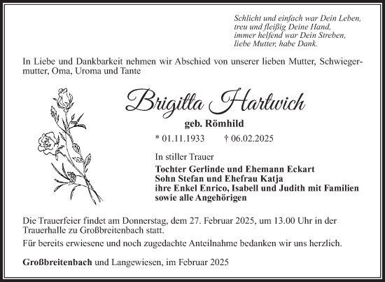 Traueranzeige von Brigitta Hartwich von Südthüringer Presse